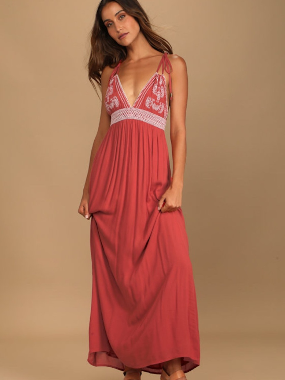Lulus Days Of Sunlight Brick Red Embroidered Maxi Dress - Size S